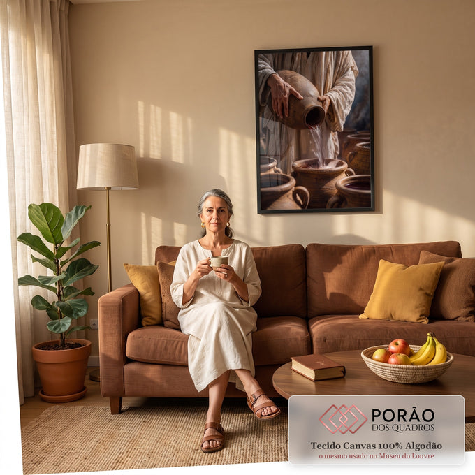 Quadro Decorativo Grande Água Virando Vinho para Sala Marrom | quadros decorativos para sala de estar | mãos despejando água que vira vinho em jarra de barro, cena bíblica | em ambiente 3 | Porao dos Quadros