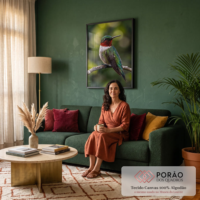 Beija-flor de garganta vermelha pousado em galho com fundo verde desfocado em bokeh, quadro decorativo