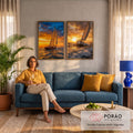 Quadro Decorativo Kit 2 Telas Veleiros para Sala Laranja | quadros decorativos para sala de estar | dois veleiros ao pôr do sol, um em mar calmo e outro cortando ondas fortes | em ambiente 3 | Porao dos Quadros