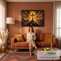 Quadro Decorativo Grande Cruz Dourado para Sala | quadros decorativos para sala de estar | cruz de madeira com coroa de espinhos e véu branco sob céu dourado dramático | em ambiente 3 | Porao dos Quadros