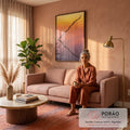 Galho seco em silhueta refletido em água calma sob céu laranja, rosa e lilás, quadro decorativo