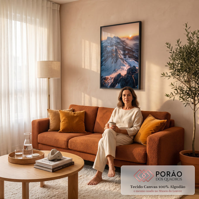Picos nevados dos Alpes com sol nascendo no céu laranja e névoa no vale, quadro decorativo