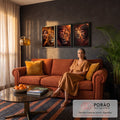 Quadro Decorativo Kit 3 Telas Jesus Cristo para Sala Laranja | quadros decorativos para sala de estar | tríptico de Jesus Cristo com coroa de espinhos e leão em tons de fogo | em ambiente 3 | Porao dos Quadros