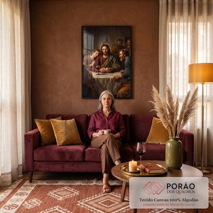 Santa Ceia estilo óleo, Jesus parte o pão com apóstolos, cálice de vinho e vela acesa, quadro decorativo