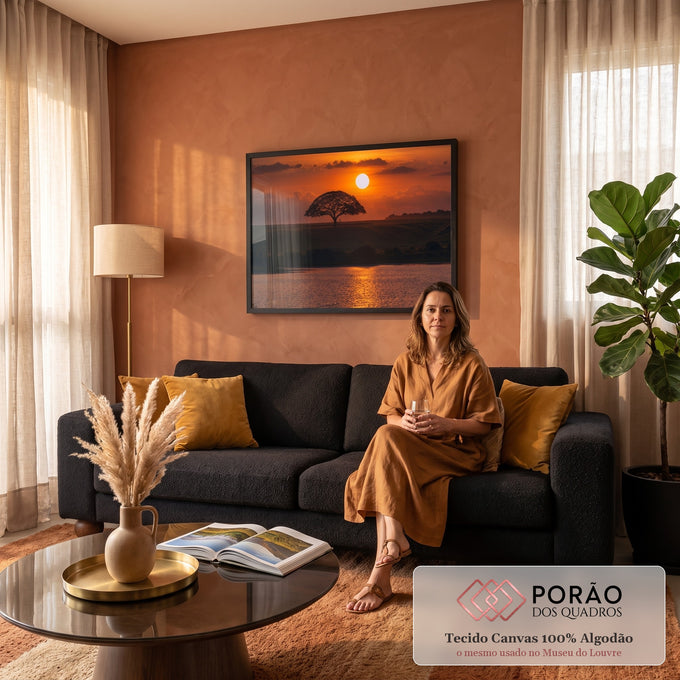 Quadro Decorativo Grande Árvore Solitária Campo para Sala | quadros decorativos para sala de estar | árvore solitária em silhueta contra pôr do sol laranja com reflexo na água | em ambiente 3 | Porao dos Quadros
