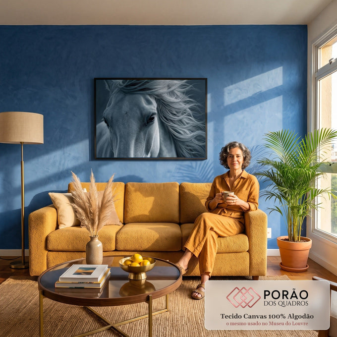 Quadro Decorativo Grande Cavalo Branco Vento para Sala Azul | quadros decorativos para sala de estar | cavalo branco em close-up com crina longa esvoaçando em tons de azul-acinzentado | em ambiente 3 | Porao dos Quadros