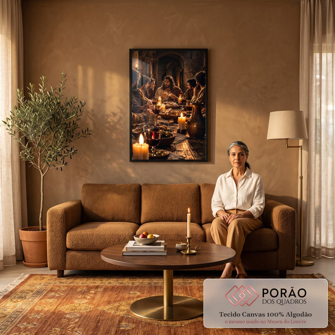 Quadro Decorativo Grande Última Ceia Jesus para Sala Marrom | quadros decorativos para sala de estar | cena da Última Ceia com Jesus e discípulos reunidos à mesa iluminada por velas | em ambiente 3 | Porao dos Quadros