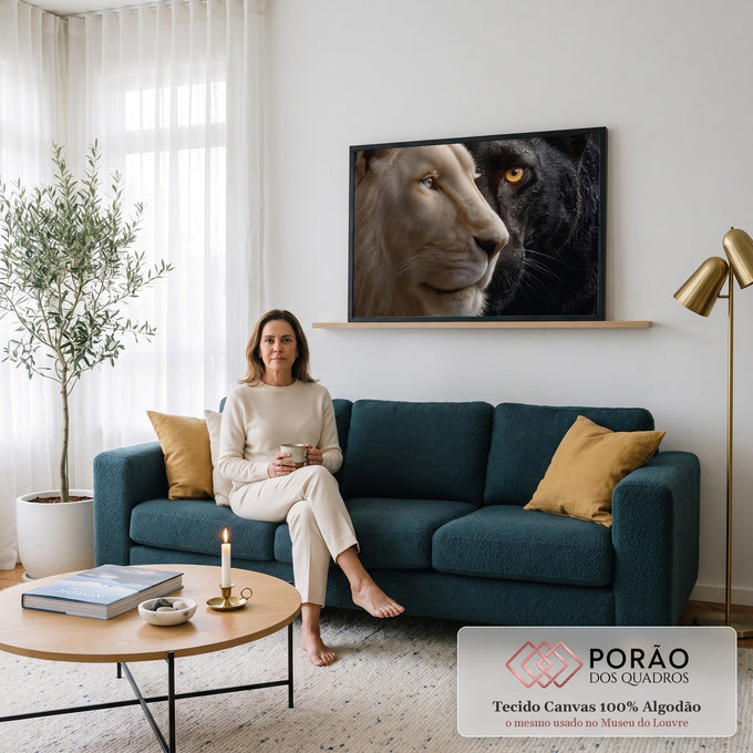 Rosto de leão branco de olhos azuis ao lado de pantera negra de olhos âmbar com gotas de água, quadro decorativo
