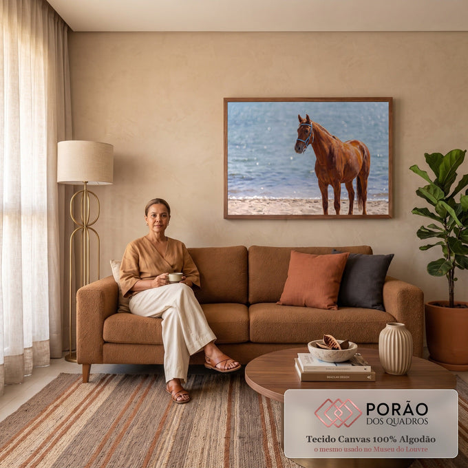 Cavalo alazão de cabresto azul em pé na areia diante do mar brilhante, quadro decorativo