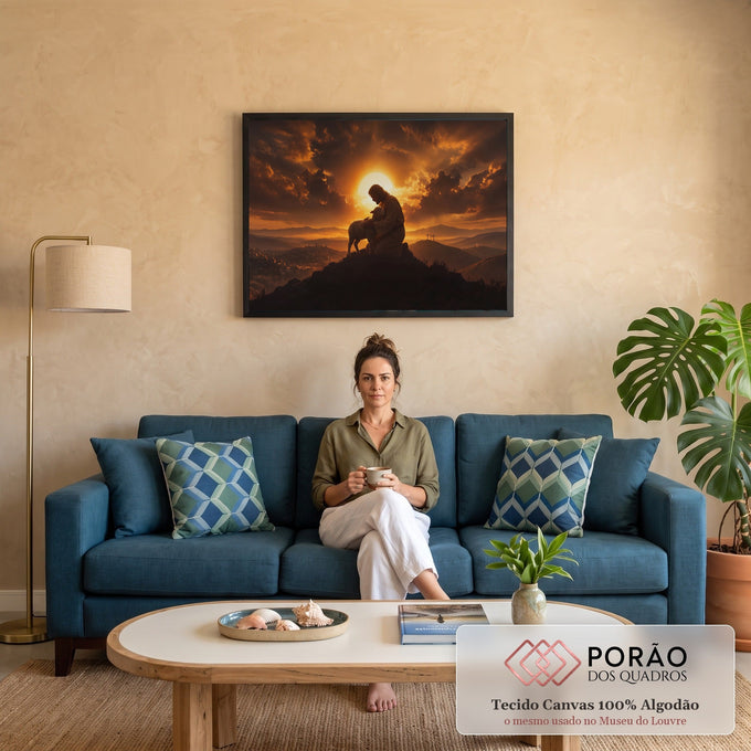 Jesus ajoelhado abraçando um cordeiro ao pôr do sol, com três cruzes ao fundo, quadro decorativo