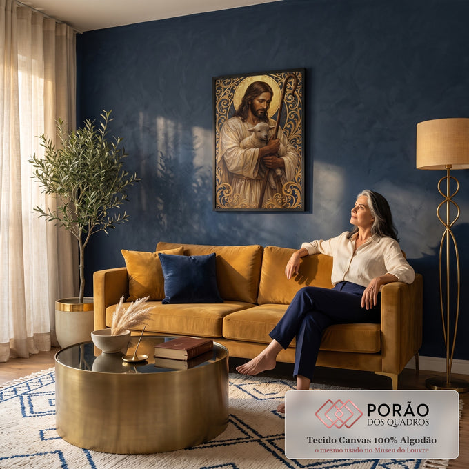 Quadro Decorativo Grande Jesus Bom Pastor Cordeiro para Sala | quadros decorativos para sala de estar | Jesus Bom Pastor segurando cordeiro e cajado com moldura dourada ornamentada | em ambiente 3 | Porao dos Quadros
