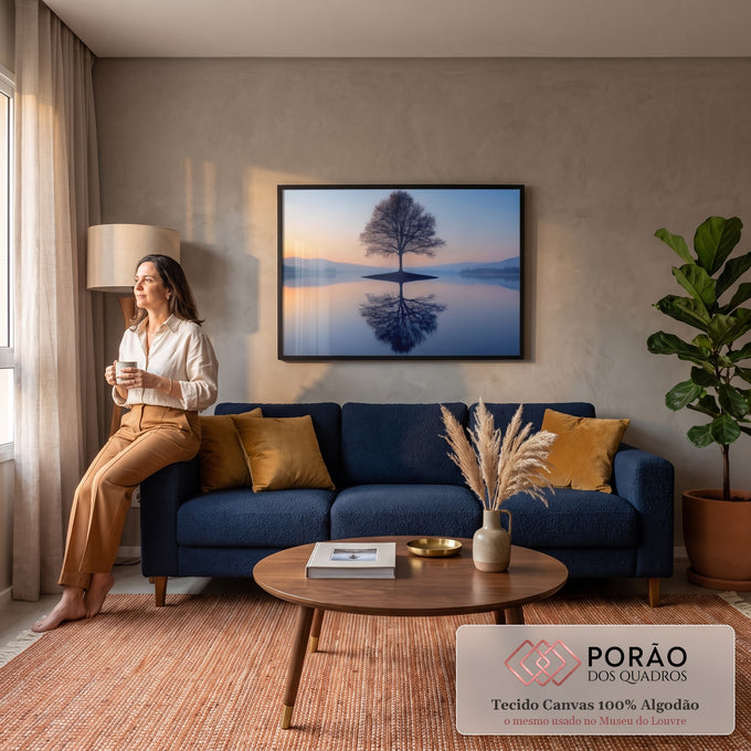 Quadro Decorativo Grande Árvore Solitária Azul para Sala | quadros decorativos para sala de estar | árvore solitária sem folhas refletida simetricamente em lago calmo ao entardecer | em ambiente 3 | Porao dos Quadros