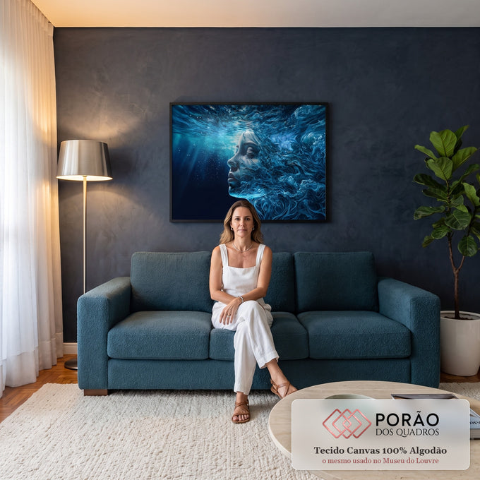 Perfil de mulher de olhos fechados submersa, cabelos virando ondas azuis no fundo do mar, quadro decorativo
