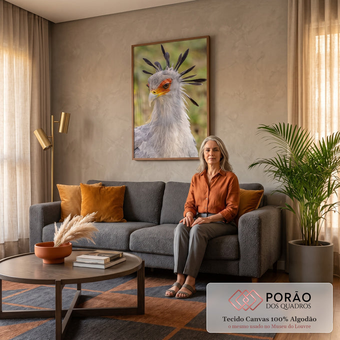 Retrato em close de ave secretária cinza com crista de penas pretas e face laranja, quadro decorativo