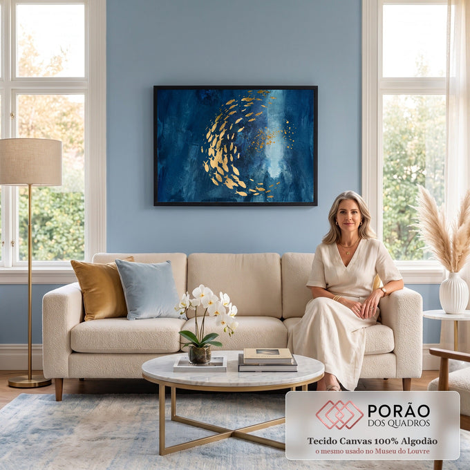 Cardume de peixes dourados em espiral sobre fundo azul texturizado com feixe de luz, quadro decorativo