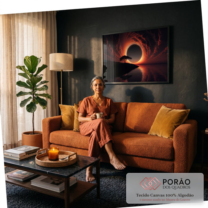 Quadro Decorativo Grande Eclipse Solar para Sala Laranja | quadros decorativos para sala de estar | eclipse solar com nuvens de fogo e árvore solitária refletida no lago | em ambiente 3 | Porao dos Quadros