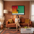 Quadro Decorativo Grande Árvore Entre Parede para Sala | quadros decorativos para sala de estar | árvore verde crescendo entre parede rachada vermelha e parede verde lisa, pessoa sentada ao pé | em ambiente 3 | Porao dos Quadros