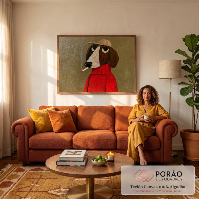 Pintura de cachorro de boné e blusa vermelha de gola alta fumando em fundo marrom, quadro decorativo