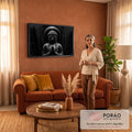Quadro Decorativo Grande Buda em Oração para Sala Preto | quadros decorativos para sala de estar | estátua de Buda em preto e branco com eclipse brilhante atrás da cabeça | em ambiente 3 | Porao dos Quadros