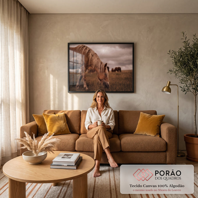 Cavalo de crina loira pastando em campo com manada ao fundo e céu nublado, quadro decorativo
