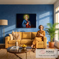 São Pedro apóstolo com auréola, manto azul e chave dourada sobre fundo azul escuro, quadro decorativo