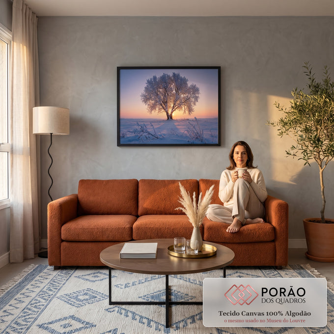 Quadro Decorativo Grande Árvore Congelada para Sala Azul | quadros decorativos para sala de estar | árvore solitária coberta de geada branca com sol nascendo entre os galhos em campo nevado | em ambiente 3 | Porao dos Quadros
