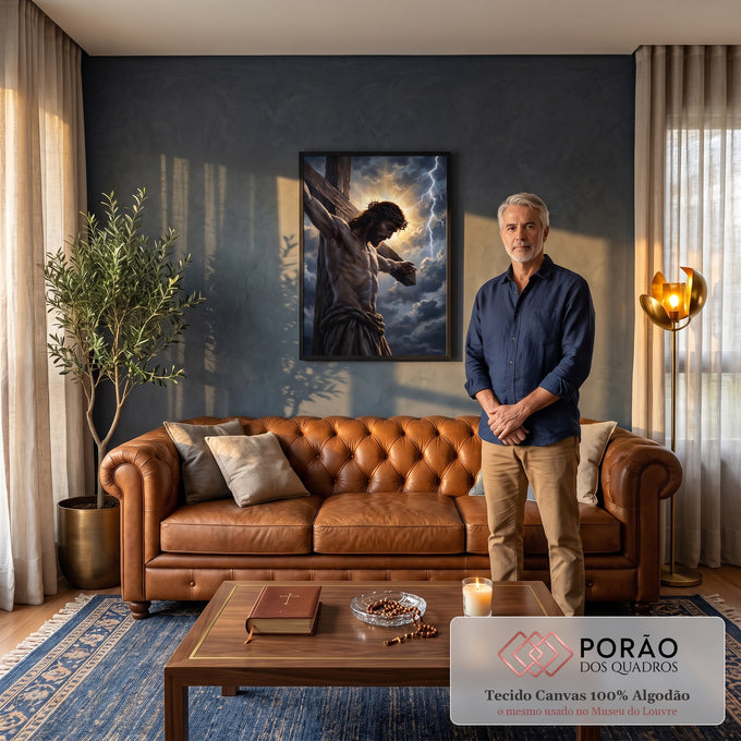 Quadro Decorativo Grande Jesus Cristo Crucificação para Sala | quadros decorativos para sala de estar | Jesus crucificado com coroa de espinhos sob céu de nuvens escuras e raio de luz | em ambiente 3 | Porao dos Quadros