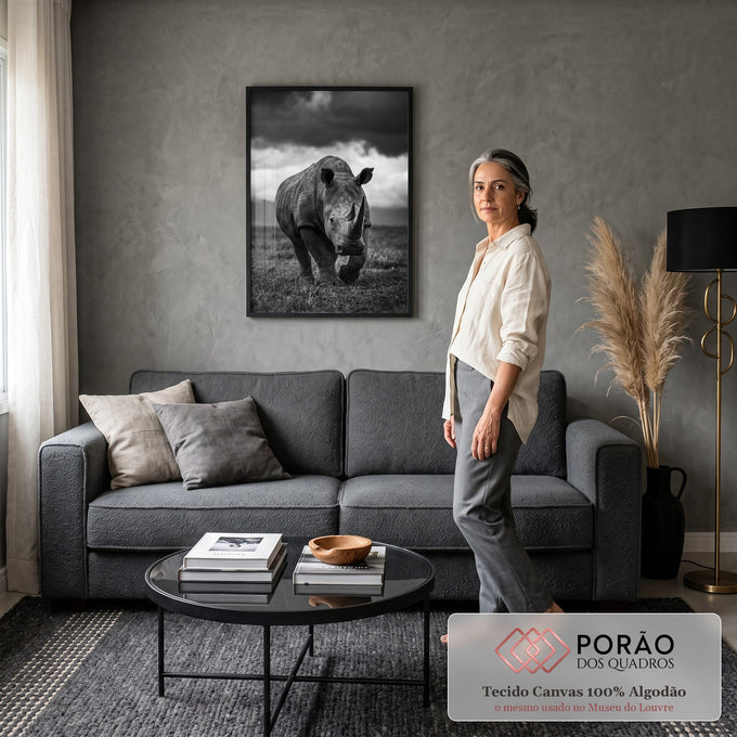 Rinoceronte caminhando na savana sob céu de tempestade em fotografia preto e branco, quadro decorativo