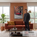 Quadro Decorativo Grande Esportivo para Sala | quadros decorativos para sala de estar | carro esportivo vermelho com aerofólio em rua de paralelepípedos frente a igreja de tijolos | em ambiente 3 | Porao dos Quadros
