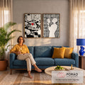 Quadro Decorativo Kit 2 Telas Silhueta Lendo para Escritório | quadros decorativos para sala de estar | escritório ilustrado em preto e branco ao lado de silhueta lendo sobre fundo listrado | em ambiente 3 | Porao dos Quadros