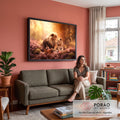 Quadro Decorativo Grande Casal de Leões para Sala Laranja | quadros decorativos para sala de estar | leão e leoa se encarando entre flores rosa e luzes douradas flutuantes | em ambiente 3 | Porao dos Quadros