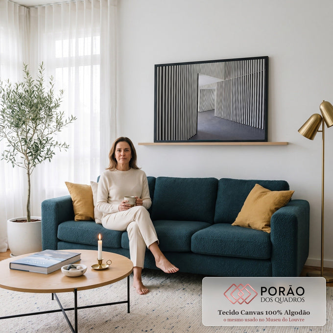 Quadro Decorativo Grande Corredor de Ripas para Sala Preto | quadros decorativos para sala de estar | corredor arquitetônico com ripas verticais em preto e branco e piso de concreto | em ambiente 3 | Porao dos Quadros