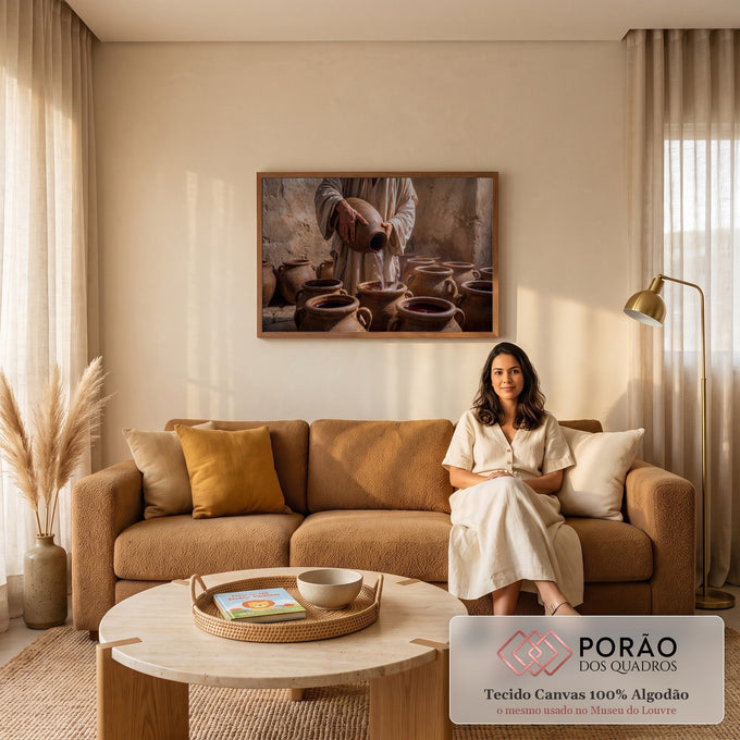 Quadro Decorativo Grande Mãos Derramando para Sala Marrom | quadros decorativos para sala de estar | mãos derramando vinho de jarro de barro em potes de cerâmica cheios | em ambiente 3 | Porao dos Quadros