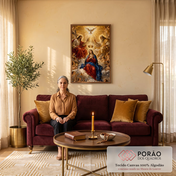 Quadro Decorativo Grande Coroação de Nossa Senhora para Sala | quadros decorativos para sala de estar | coroação de Nossa Senhora por Jesus e Deus Pai com pomba e anjos em luz dourada | em ambiente 3 | Porao dos Quadros