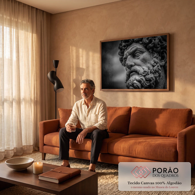 Close do rosto barbudo de estátua de Poseidon em pedra, fotografia preto e branco, quadro decorativo