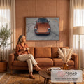 Quadro Decorativo Grande Carro Laranja Metálico para Sala | quadros decorativos para sala de estar | carro esportivo laranja metálico fotografado de frente sobre piso de concreto | em ambiente 3 | Porao dos Quadros
