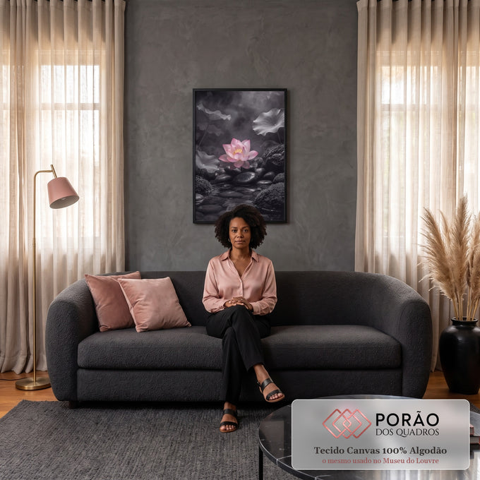 Flor de lótus rosa sobre pedras pretas molhadas e água, cenário zen em tons de cinza, quadro decorativo