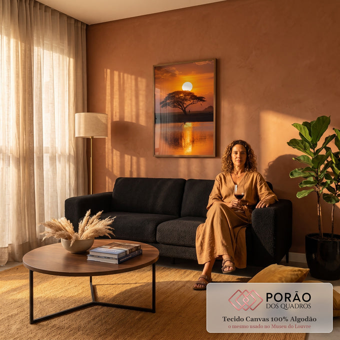 Acácia em silhueta sob sol laranja na savana com reflexo dourado no lago, quadro decorativo