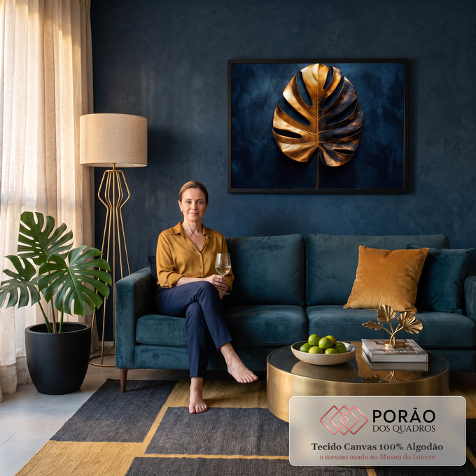 Quadro Decorativo Grande Folha de Monstera para Sala Dourado | quadros decorativos para sala de estar | folha de monstera metálica dourada e bronze sobre fundo azul escuro | em ambiente 3 | Porao dos Quadros