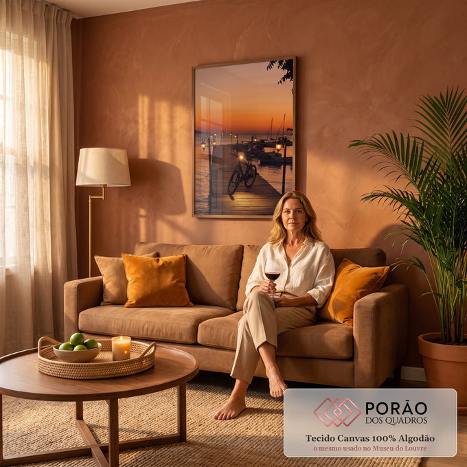 Bicicleta em píer de madeira com lampiões acesos, barcos e mar ao pôr do sol laranja, quadro decorativo