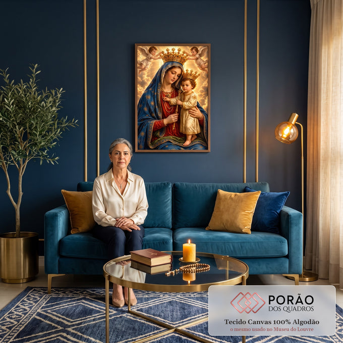 Quadro Decorativo Nossa Senhora Coroada com Menino Jesus | quadros decorativos para sala de estar | Nossa Senhora com manto azul estrelado segurando o Menino Jesus coroado por anjos dourados | em ambiente 3 | Porao dos Quadros