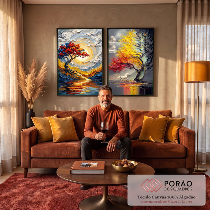 Quadro Decorativo Kit 2 Telas Árvores Outonais para Sala | quadros decorativos para sala de estar | árvores coloridas texturizadas com sol dourado e cavalo branco em paisagem estilizada | em ambiente 3 | Porao dos Quadros