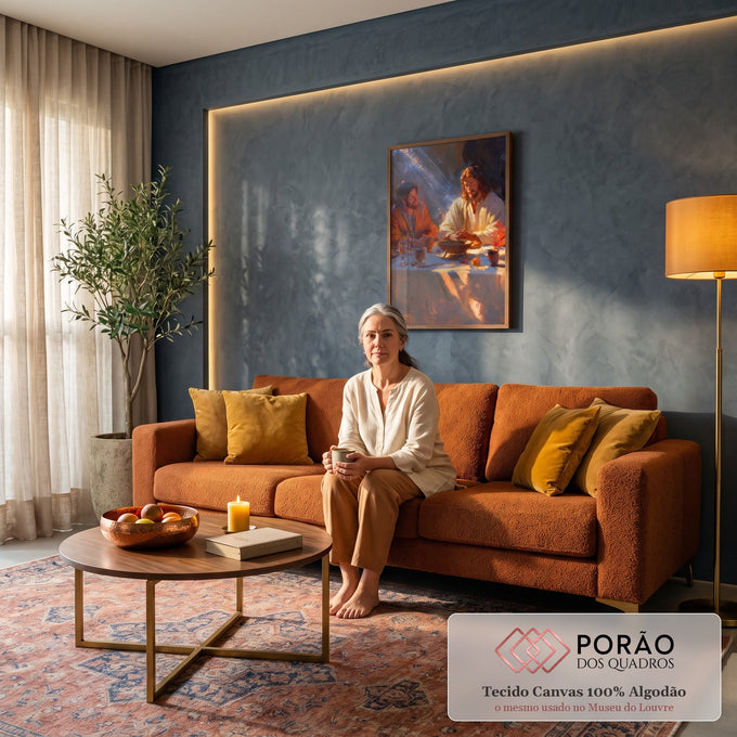 Quadro Decorativo Grande Jesus em Oração para Sala Laranja | quadros decorativos para sala de estar | Jesus de manto branco em oração ao lado de discípulo, luz azul no fundo escuro | em ambiente 3 | Porao dos Quadros