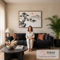 Quadro Decorativo Grande Árvore da Vida para Sala Preto | quadros decorativos para sala de estar | pinheiro bonsai em tinta preta sobre rocha com montanhas nebulosas e sol vermelho | em ambiente 3 | Porao dos Quadros