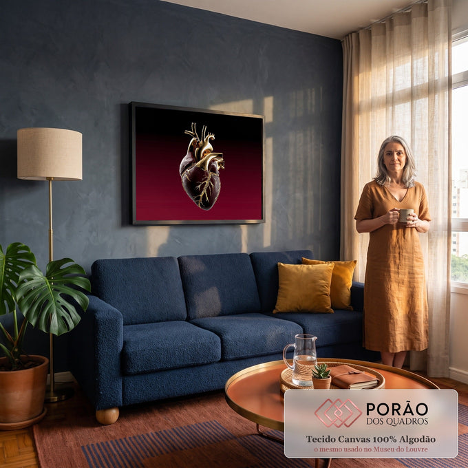 Quadro Decorativo Grande Coração Anatômico para Sala Dourado | quadros decorativos para sala de estar | coração anatômico em tons escuros com veias e vasos dourados metálicos | em ambiente 3 | Porao dos Quadros