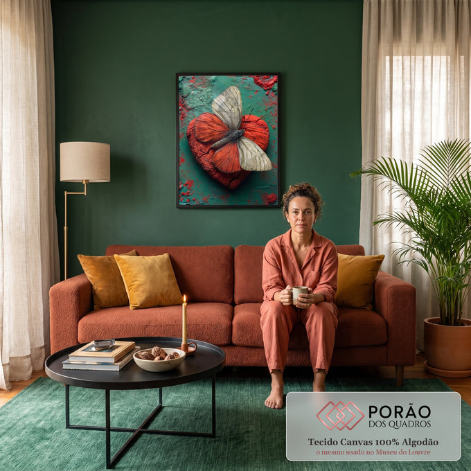 Borboleta de asas bege e vermelhas sobre coração vermelho rachado em fundo verde, quadro decorativo