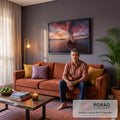 Quadro Decorativo Grande Veleiro Barco para Sala Laranja | quadros decorativos para sala de estar | veleiro de madeira navegando ao pôr do sol com céu em tons de laranja e roxo | em ambiente 3 | Porao dos Quadros