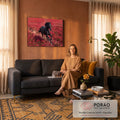 Cavalo preto galopando em campo de flores vermelhas levantando poeira, quadro decorativo