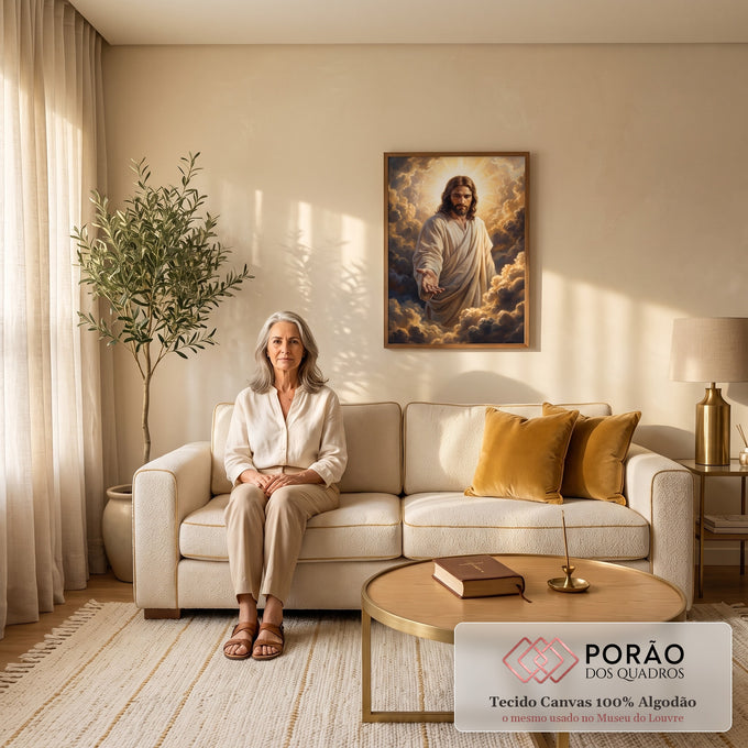 Quadro Decorativo Grande Jesus Halo para Sala Dourado | quadros decorativos para sala de estar | Jesus Cristo com halo dourado estendendo a mão entre nuvens | em ambiente 3 | Porao dos Quadros