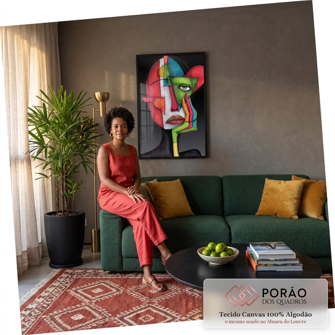 Rosto de mulher cubista em blocos vermelho, verde e azul, mão no rosto, fundo preto, quadro decorativo